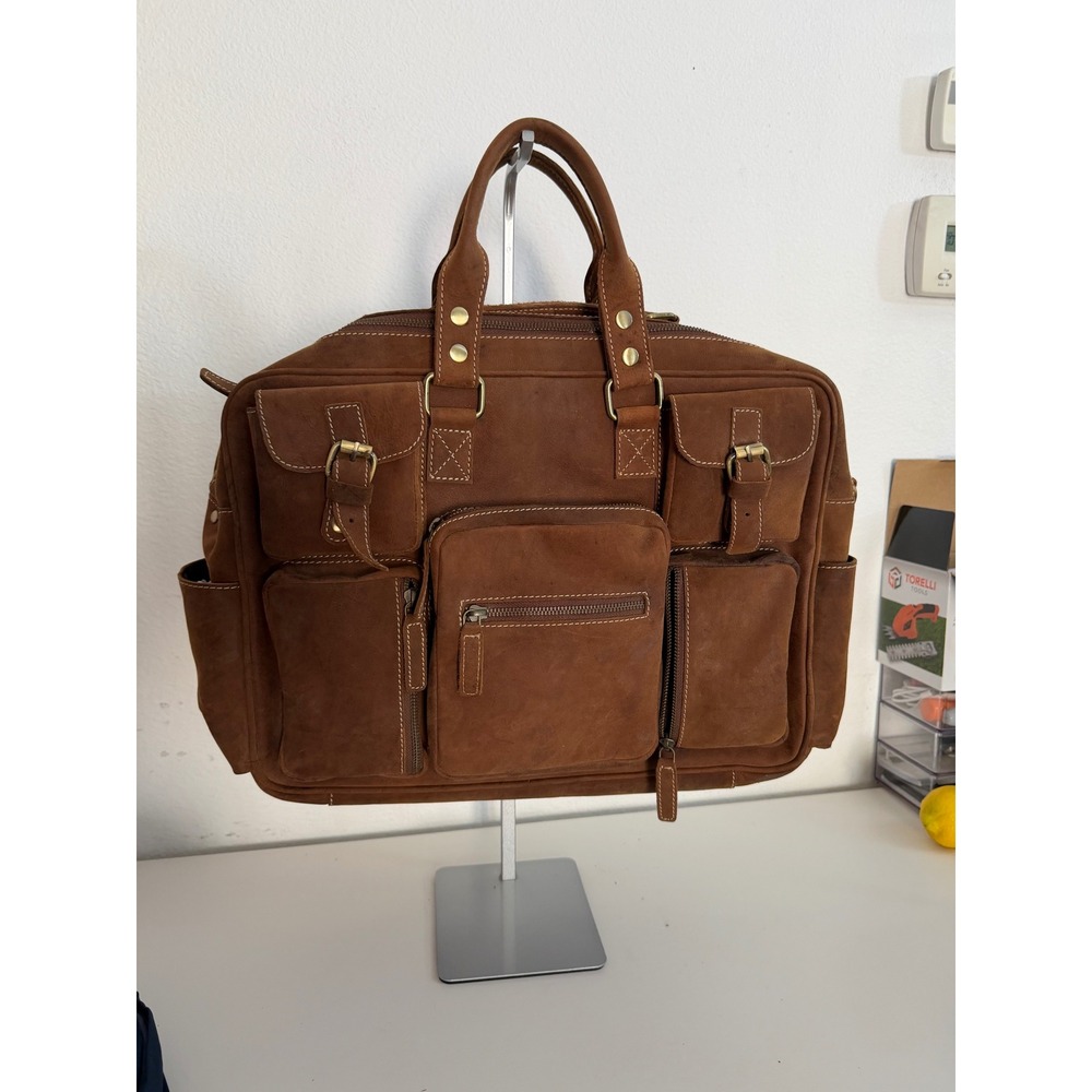 NWOT Distressed Brown Leather Briefcase Laptop Bag Pocket Messenger Satchel